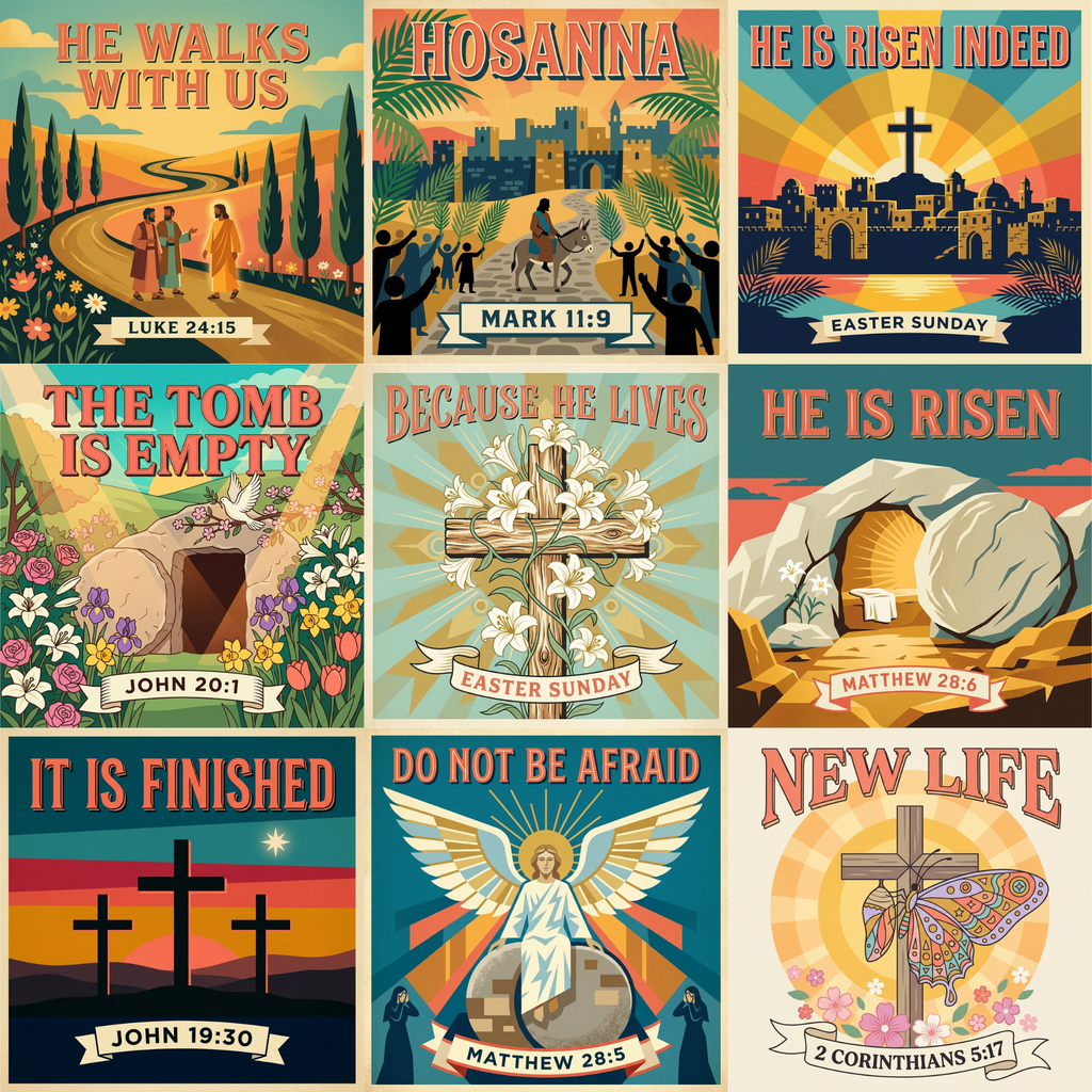 Flat lay of all nine Spellbound Magnet Co. Easter Faith 2026 Magnet Pack illustrated designs arranged in a 3x3 grid: He Walks With Us / Luke 24:15, Hosanna / Mark 11:9, He Is Risen Indeed / Easter Sunday, The Tomb Is Empty / John 20:1, Because He Lives / Easter Sunday, He Is Risen / Matthew 28:6, It Is Finished / John 19:30, Do Not Be Afraid / Matthew 28:5, and New Life / 2 Corinthians 5:17.