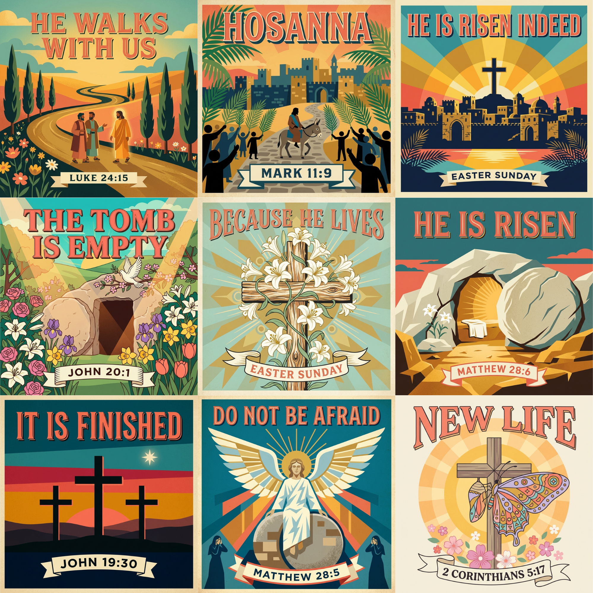 Flat lay of all nine Spellbound Magnet Co. Easter Faith 2026 Magnet Pack illustrated designs arranged in a 3x3 grid: He Walks With Us / Luke 24:15, Hosanna / Mark 11:9, He Is Risen Indeed / Easter Sunday, The Tomb Is Empty / John 20:1, Because He Lives / Easter Sunday, He Is Risen / Matthew 28:6, It Is Finished / John 19:30, Do Not Be Afraid / Matthew 28:5, and New Life / 2 Corinthians 5:17.