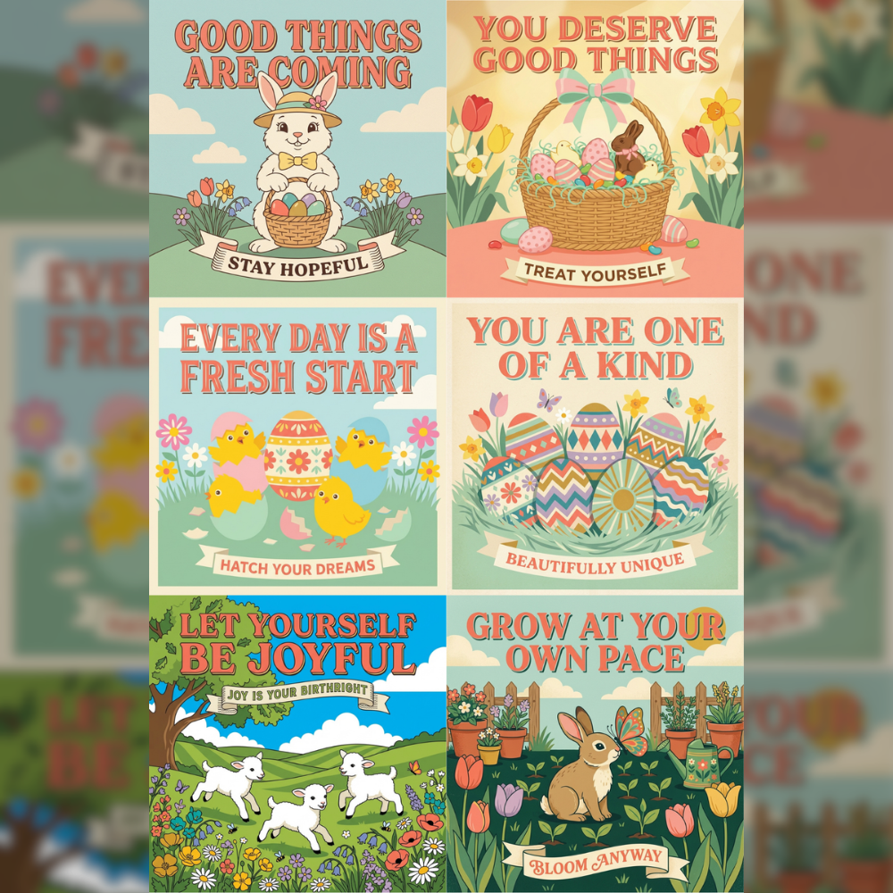 Flat lay of all six Spellbound Magnet Co. Easter 2026 Magnet Pack illustrated designs arranged in a 2x3 grid: Good Things Are Coming / Stay Hopeful, You Deserve Good Things / Treat Yourself, Every Day Is a Fresh Start / Hatch Your Dreams, You Are One of a Kind / Beautifully Unique, Let Yourself Be Joyful / Joy Is Your Birthright, and Grow at Your Own Pace / Bloom Anyway.