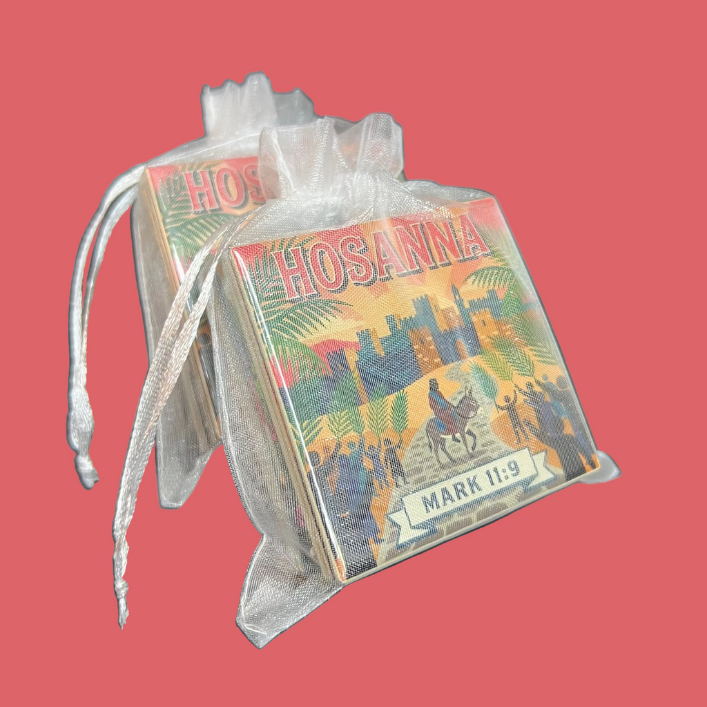 Spellbound Magnet Co. Easter Faith 2026 Magnet Pack stacked inside a sheer white organza gift bag with the Hosanna / Mark 11:9 design facing forward, shown against a dark background.