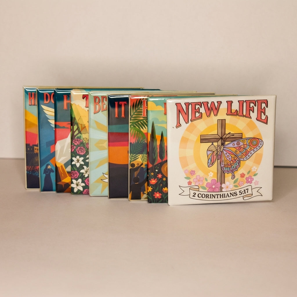 Nine Spellbound Magnet Co. Easter Faith 2026 Magnet Pack magnets fanned and stacked upright against a warm neutral background, with the New Life / 2 Corinthians 5:17 design facing forward and the colorful edges of the remaining eight designs visible behind it.